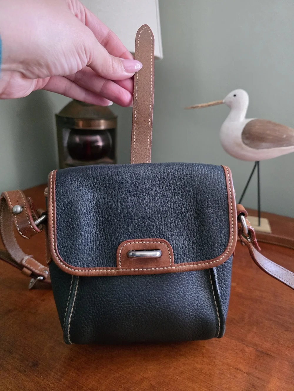 Dooney & Bourke Vintage Mini Flap Crossbody Navy Tan AWL Leather Bag